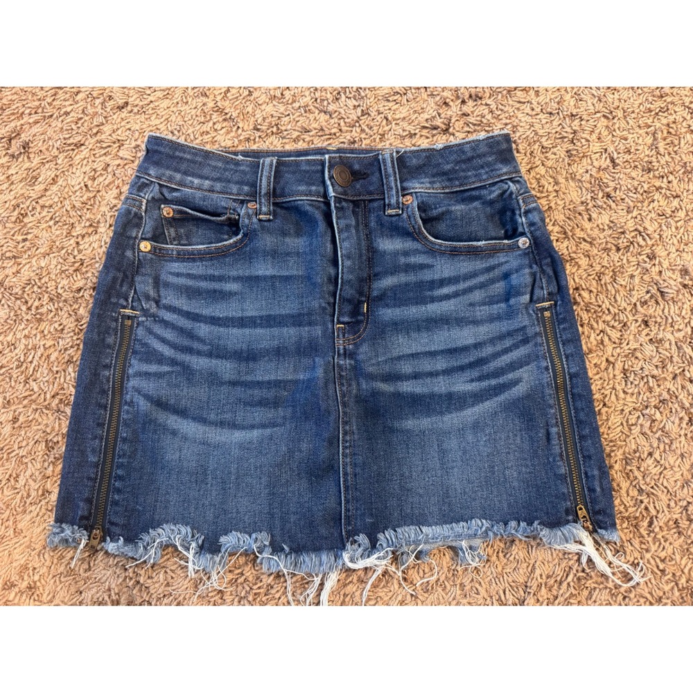 American Eagle Next Level Stretch Denim Mini Skirt Size 4 Raw Hem Side Zips